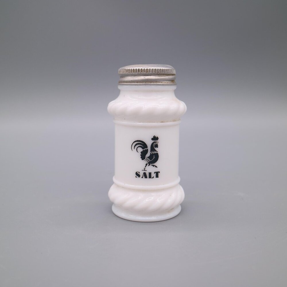 Vintage Hazel Atlas Milk Glass Spice Jar Black Rooster Twisted Rope Salt Shaker